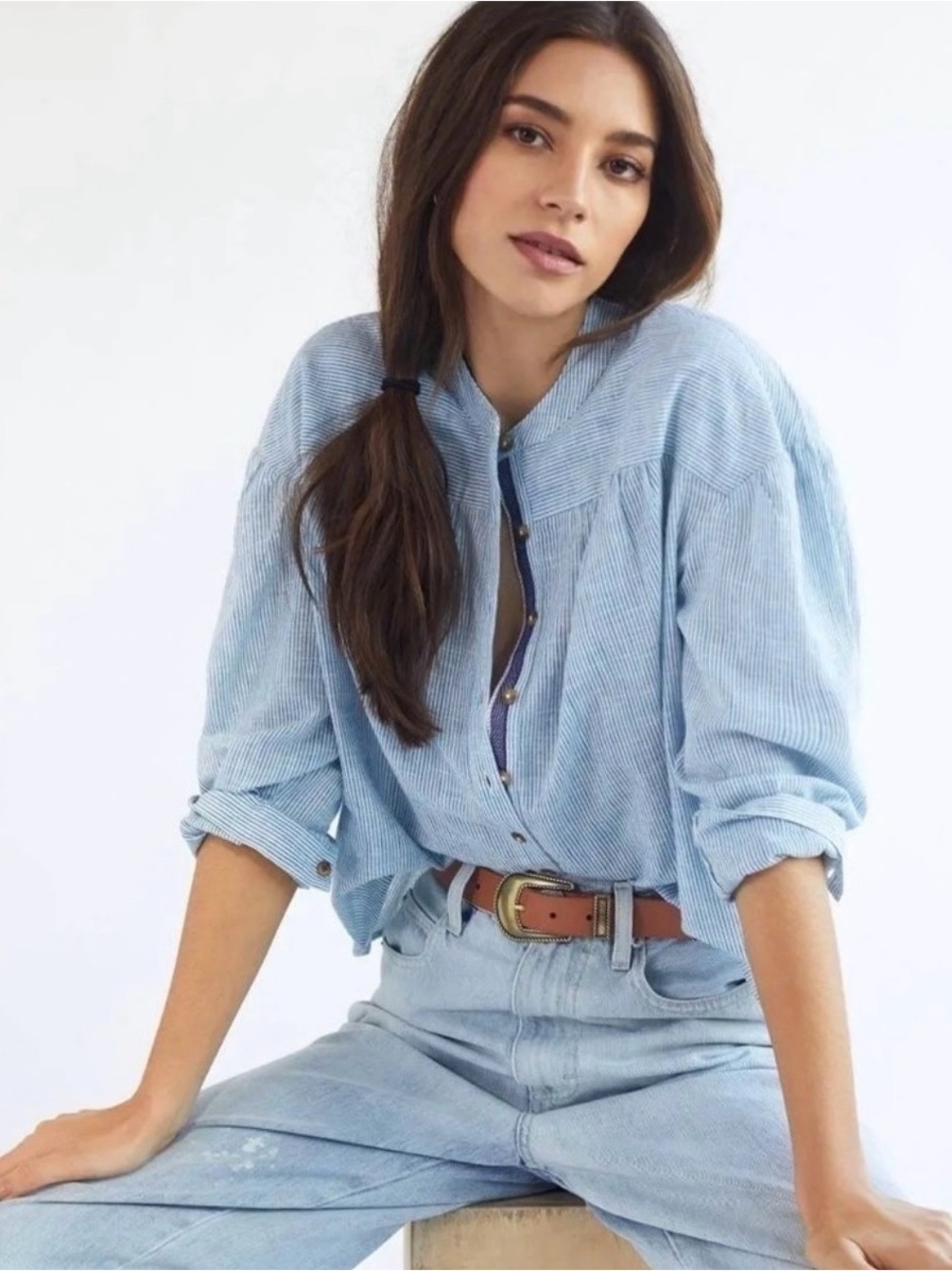 Pilcro Blue and White Striped Peasant Button-Front Shirt - Picture 2 of 10